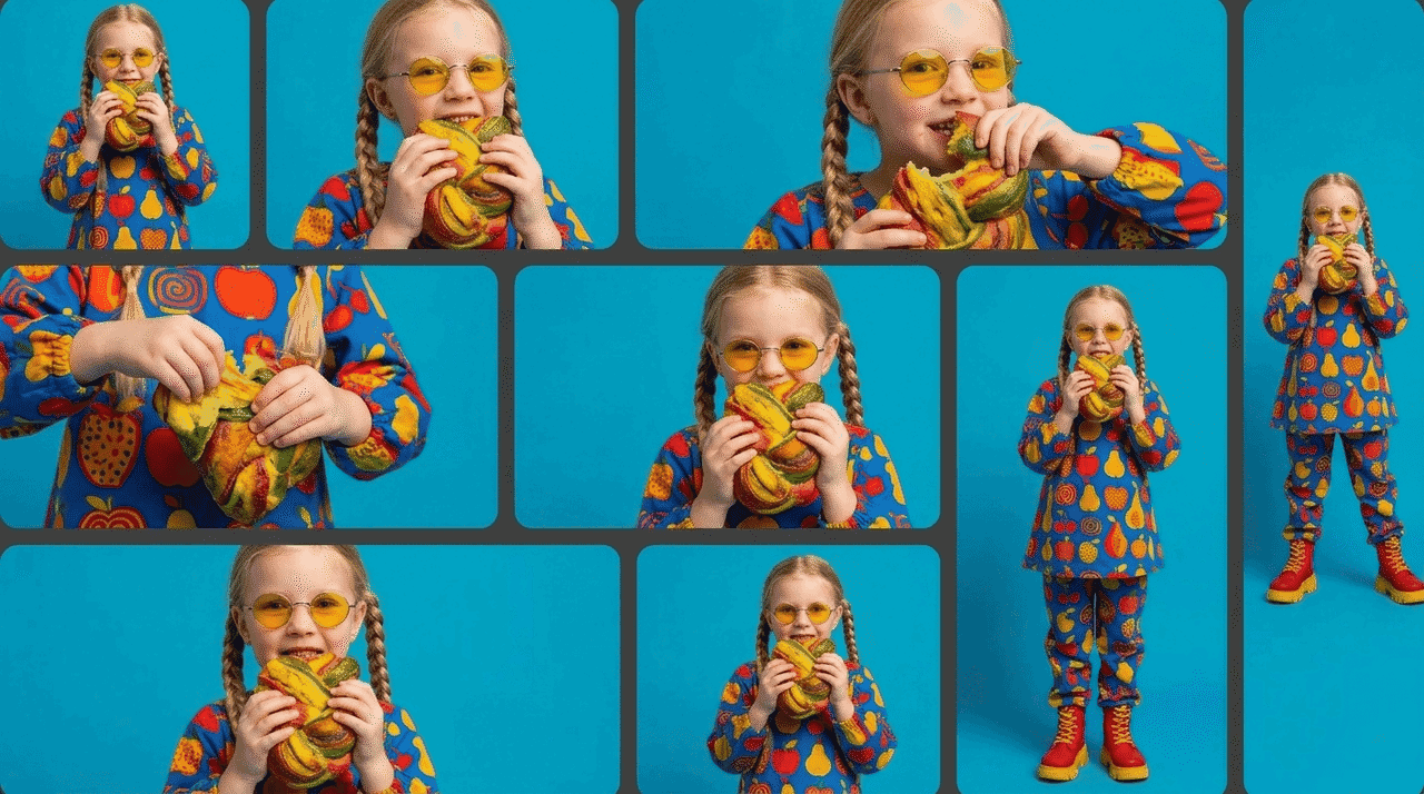 Blonde child in a colorful outfit holding bananas across multiple portrait and landscape crops