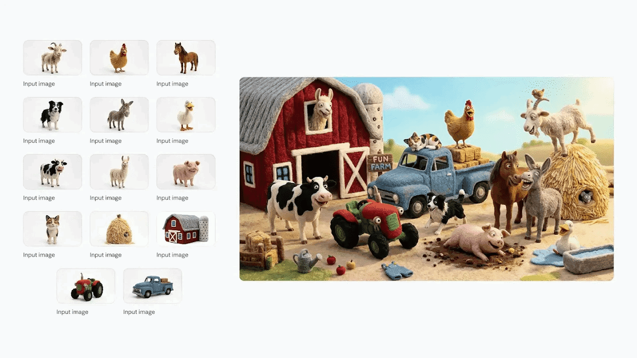 Animal and object reference thumbnails assembled into a farm scene with a red barn