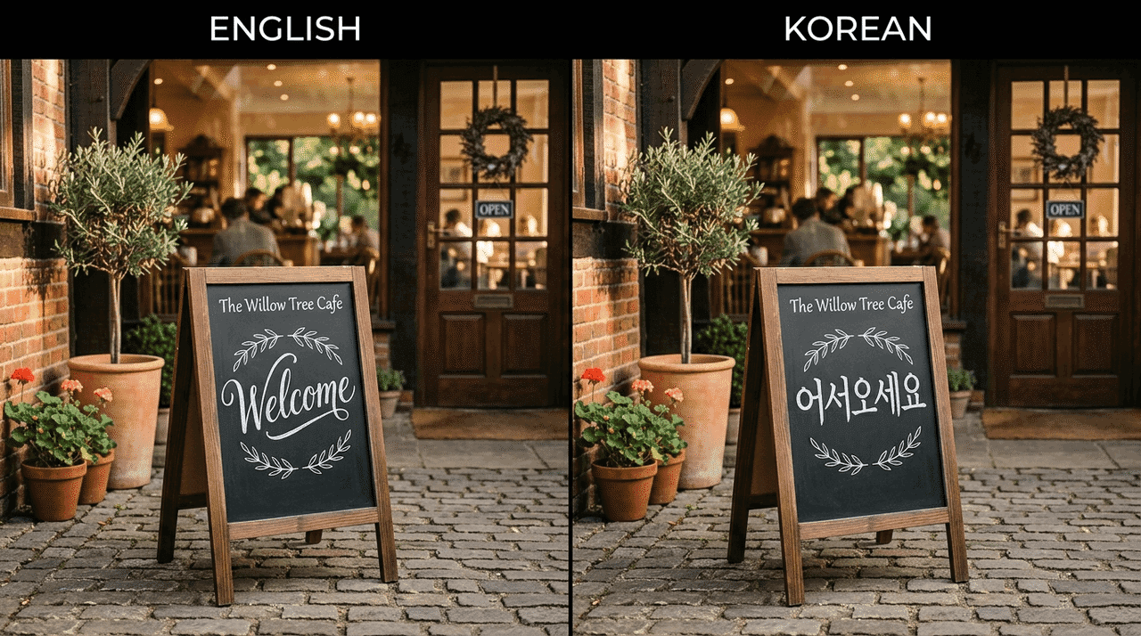 Side-by-side cafe signs written in English and Korean