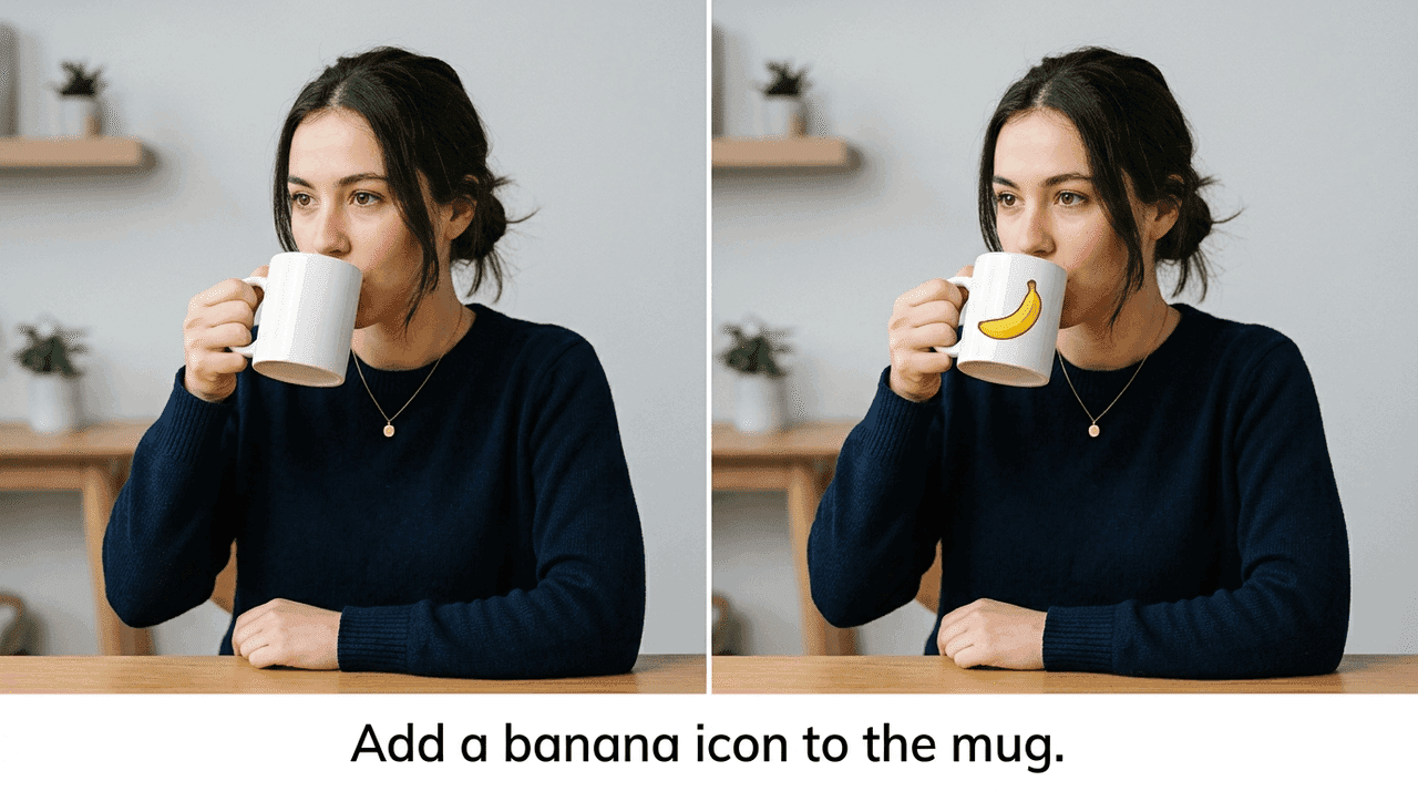 Before-and-after photo of a woman drinking from a mug with a banana added to the mug