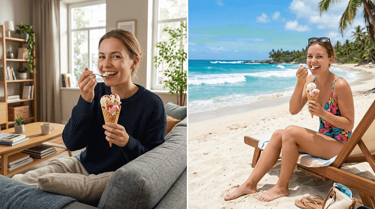 Woman eating ice cream with the background changed from a living room to a sunny beach