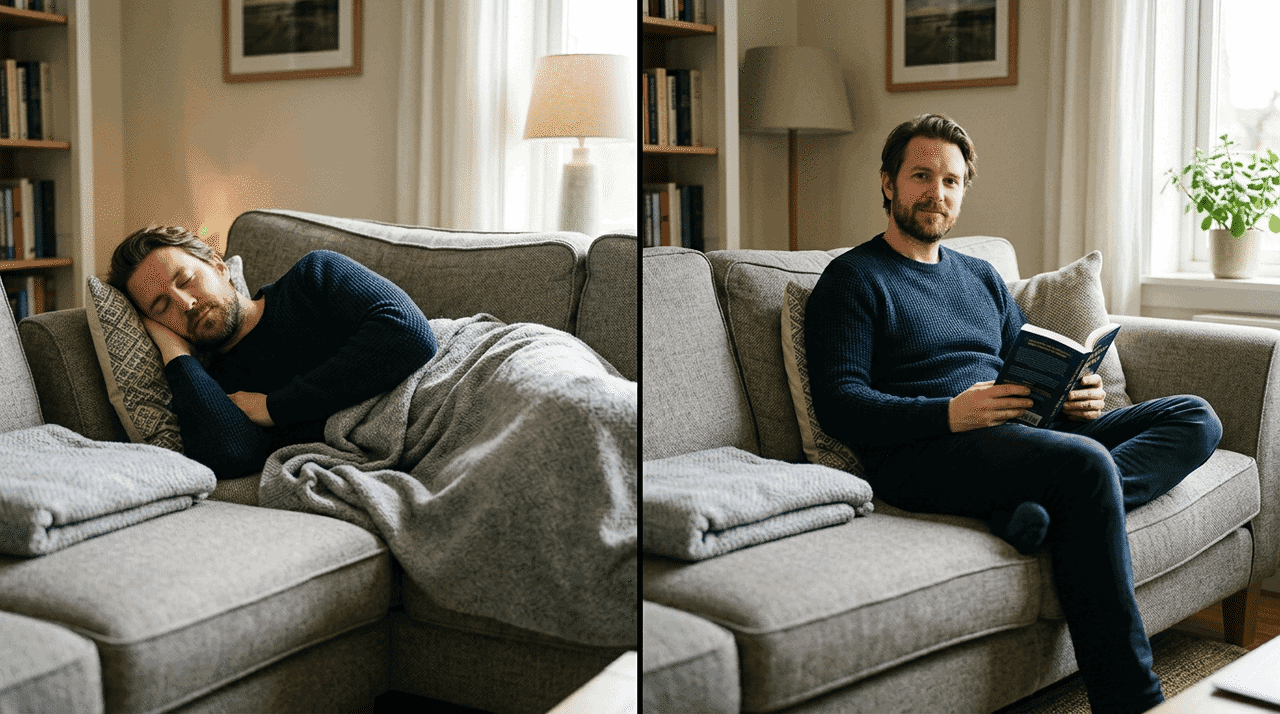 Man shown sleeping on a sofa and sitting upright reading a book