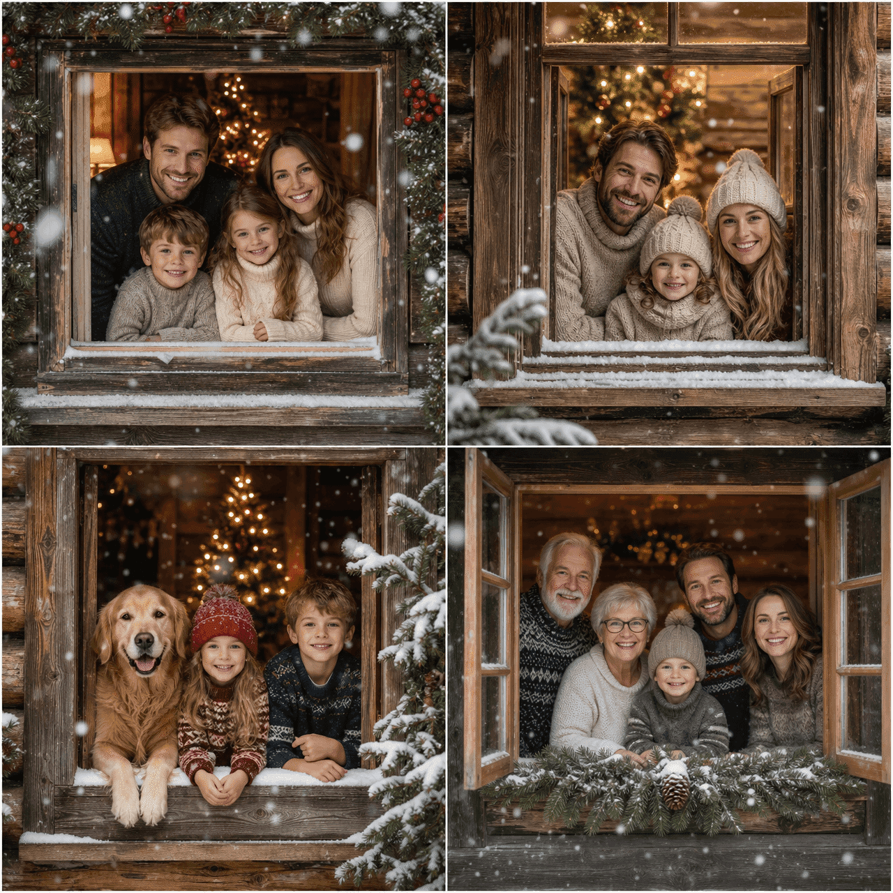 Personalized Christmas card portraits of families framed by snowy cabin windows