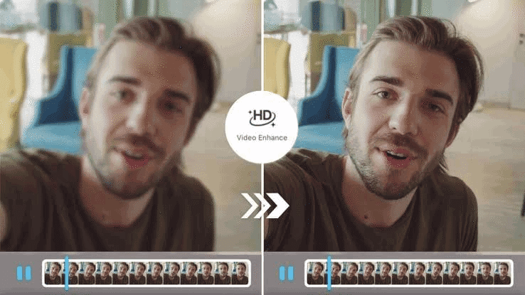 Side-by-side comparison of a blurry video frame and the clearer AI-enhanced result