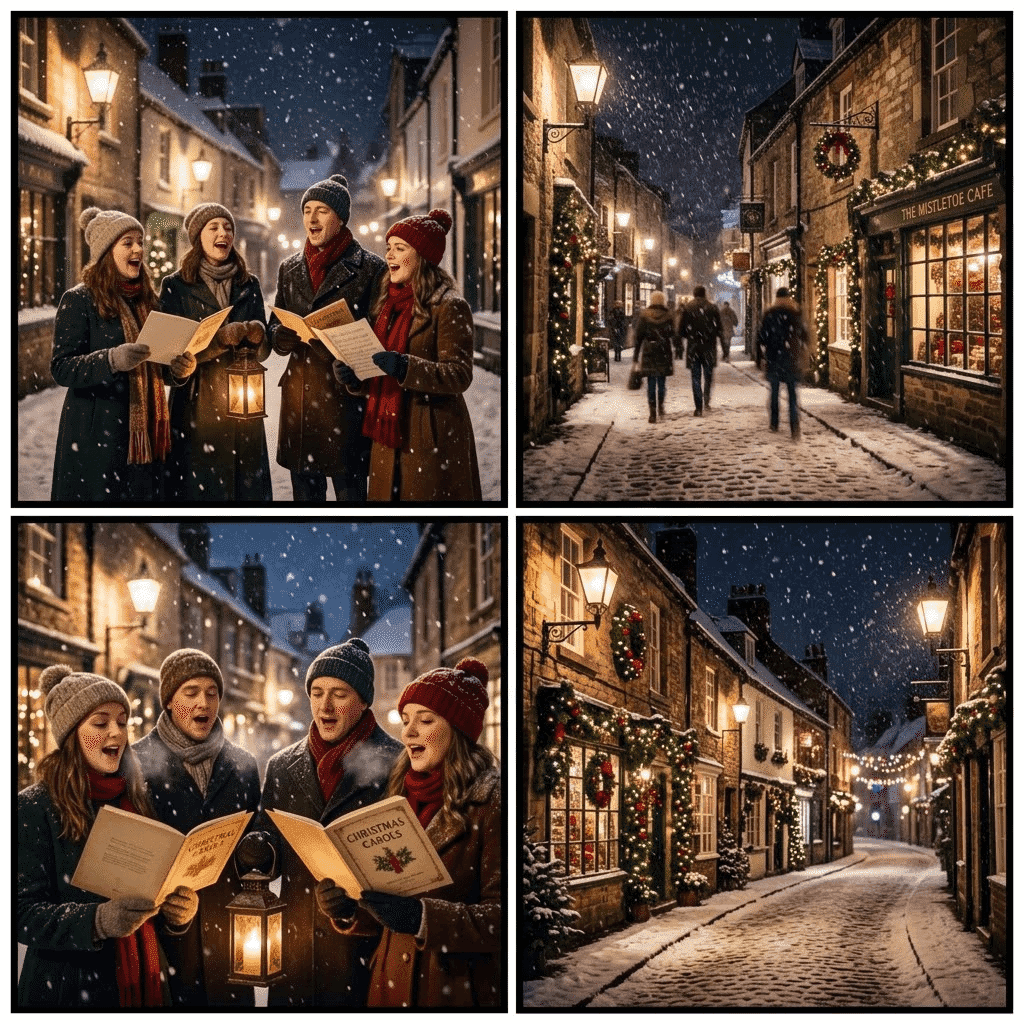 Christmas carolers and festive cobblestone streets illuminated by vintage lamps in falling snow