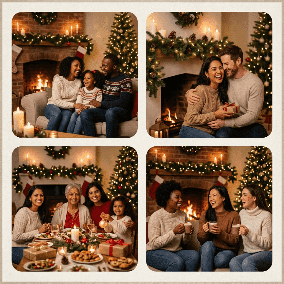 Families, couples, and friends enjoying warm Christmas portraits beside a decorated fireplace
