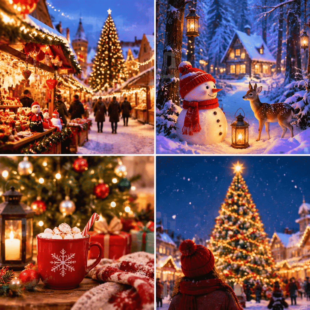 Festive social media inspiration featuring a Christmas market, snowy forest, hot cocoa, and a holiday tree